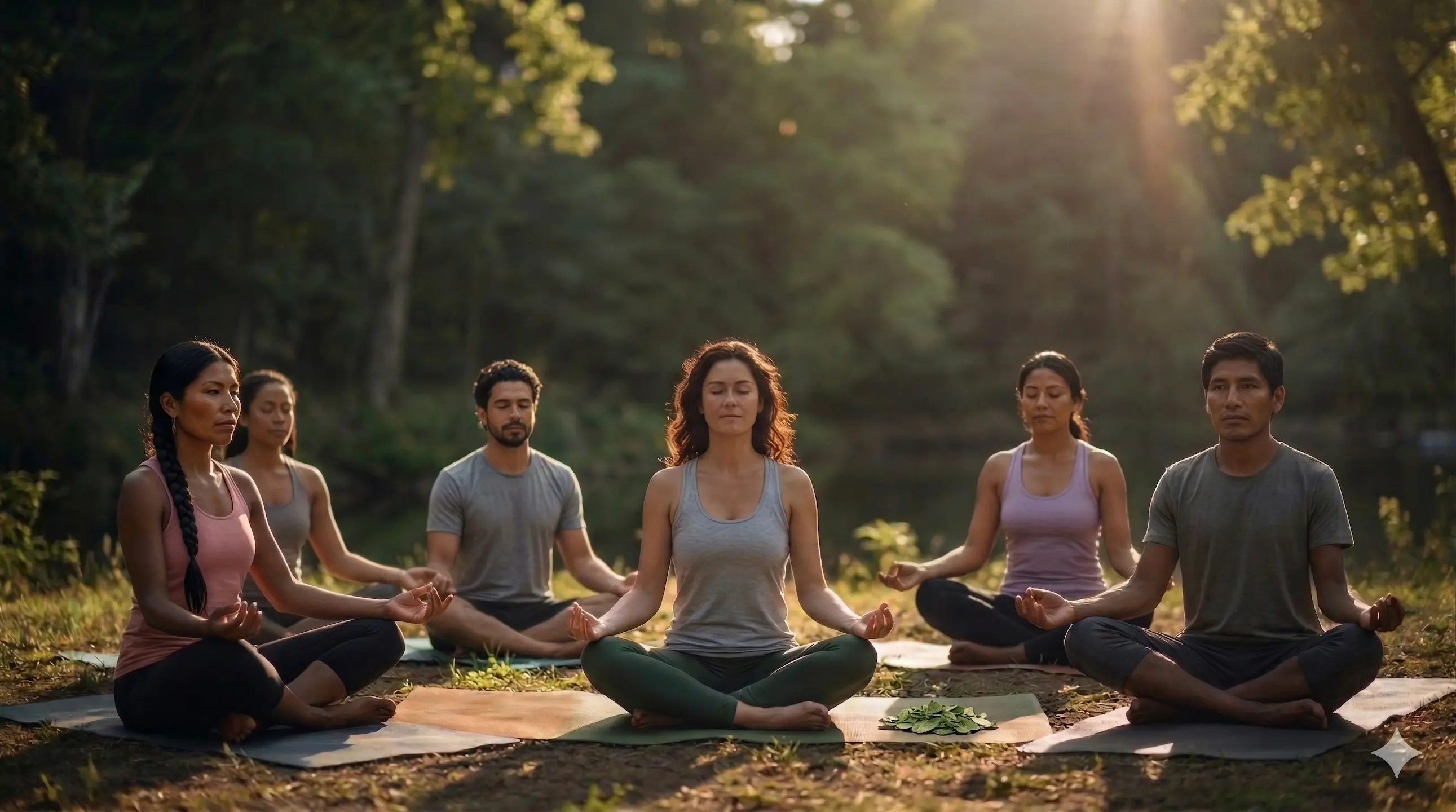 Grupo meditando en la naturaleza